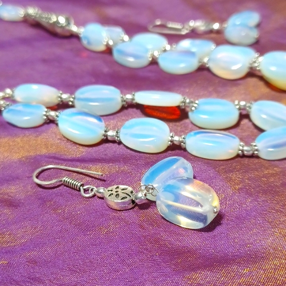 Opalite necklace earrings set handmade silver beaded  rainbow pendant glass gem - Picture 3 of 10